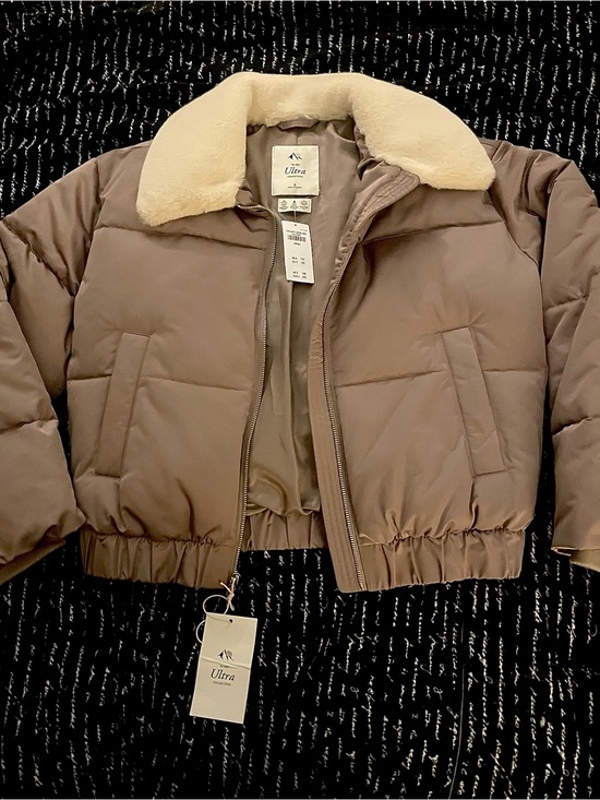 Abercrombie & Fitch Jackets & Blazers - Abercrombie & Fitch Taupe Puffer Jacket with Cream Faux-Shearling Collar
